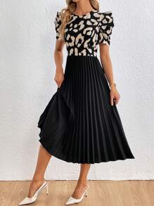 SHEIN Privé Leopard Print Puff Sleeve Pleated Hem Dress - Multicolor - View 4