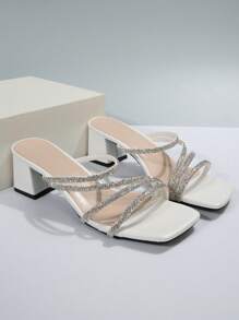 女士黑色方头粗跟水钻装饰凉鞋，时尚法式高跟鞋，适合夏季和秋季