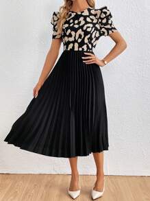 SHEIN Privé Leopard Print Puff Sleeve Pleated Hem Dress - Multicolor - View 5