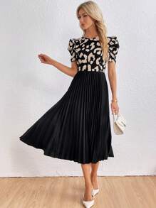 SHEIN Privé Leopard Print Puff Sleeve Pleated Hem Dress - Multicolor - View 6