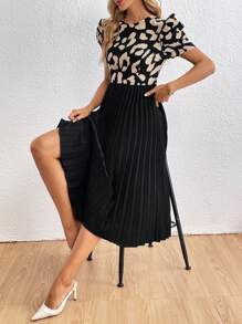 SHEIN Privé Leopard Print Puff Sleeve Pleated Hem Dress - Multicolor - View 1