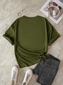 SHEIN EZwear Chất rắn Áo thun Thả vai - xanh quân đội - Xem 2