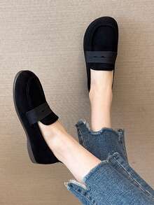 女士黑色平底鞋,學院仿麂皮樂福鞋適用於戶外 - 黑色 - 查看 2