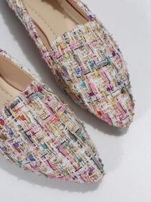 2025秋季女式尖头休闲图案平底乐福鞋,秋季新款户外日常一脚蹬帆布软底工作驾车鞋,时尚舒适百搭平底鞋 - 彩色 - 查看 4