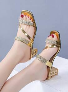 Women Fashion Gold Color High Heel Flat Platform Rhinestone Embellished Sandals - Gold - View 1