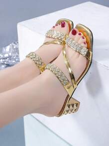 Women Fashion Gold Color High Heel Flat Platform Rhinestone Embellished Sandals - Gold - View 3
