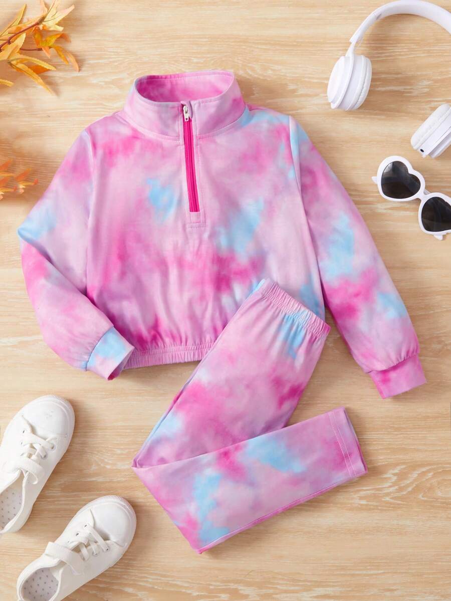 SHEIN Young Girl Tie Dye Half Zip Sweatshirt & Leggings - Pink - View 1
