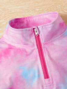 SHEIN Young Girl Tie Dye Half Zip Sweatshirt & Leggings - Pink - View 4