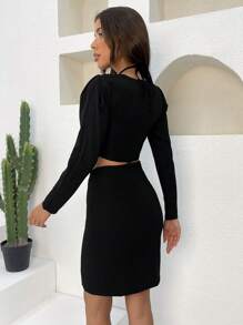 EURMUSE Solid Bustier Crop Top & Skirt - Black - View 2