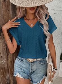 SHEIN Frenchy Women Fashion Solid Color Mesh Hollow Out Short Sleeve White T-Shirt,Teacher Outfits