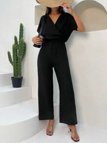 EURMUSE Solid Surplice Neck Batwing Sleeve Wide Leg Jumpsuit - Black - View 1