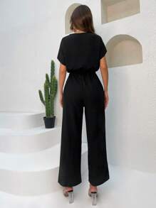 EURMUSE Solid Surplice Neck Batwing Sleeve Wide Leg Jumpsuit - Black - View 2
