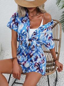 SHEIN VCAY Bộ đồ hai mảnh nữ Nút phía trước Bộ lạc Boho - Màu xanh lam - Xem 1