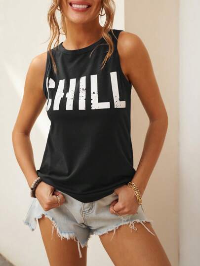 CILKOO Women's Casual S Impl C Letter Print Sleeveless Round Neck Tank Top, Spring/Summer
