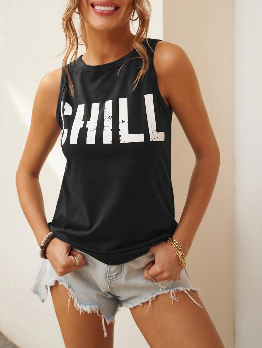 CILKOO Women's Casual S Impl C Letter Print Sleeveless Round Neck Tank Top, Spring/Summer