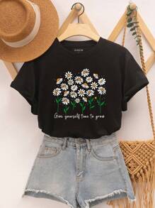 INAWLY Daisy And Slogan Graphic Tee - Black - View 1