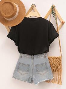 INAWLY Daisy And Slogan Graphic Tee - Black - View 2