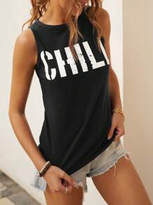 CILKOO Women's Casual S Impl C Letter Print Sleeveless Round Neck Tank Top, Spring/Summer - Black - View 6