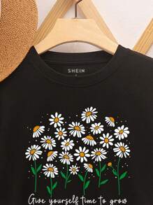 INAWLY Daisy And Slogan Graphic Tee - Black - View 3