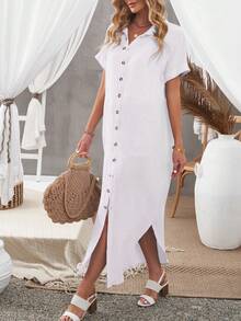 CILKOO Solid Button Front Shirt Dress - White - View 4