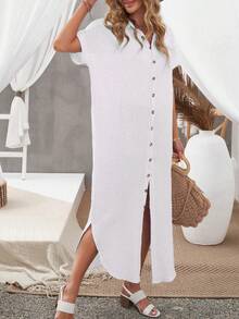CILKOO Solid Button Front Shirt Dress - White - View 5
