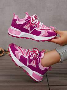 女士撞色前綁帶跑步運動戶外運動鞋 - 玫紅色 - 查看 2