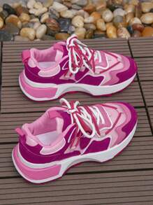 女士撞色前綁帶跑步運動戶外運動鞋 - 玫紅色 - 查看 4