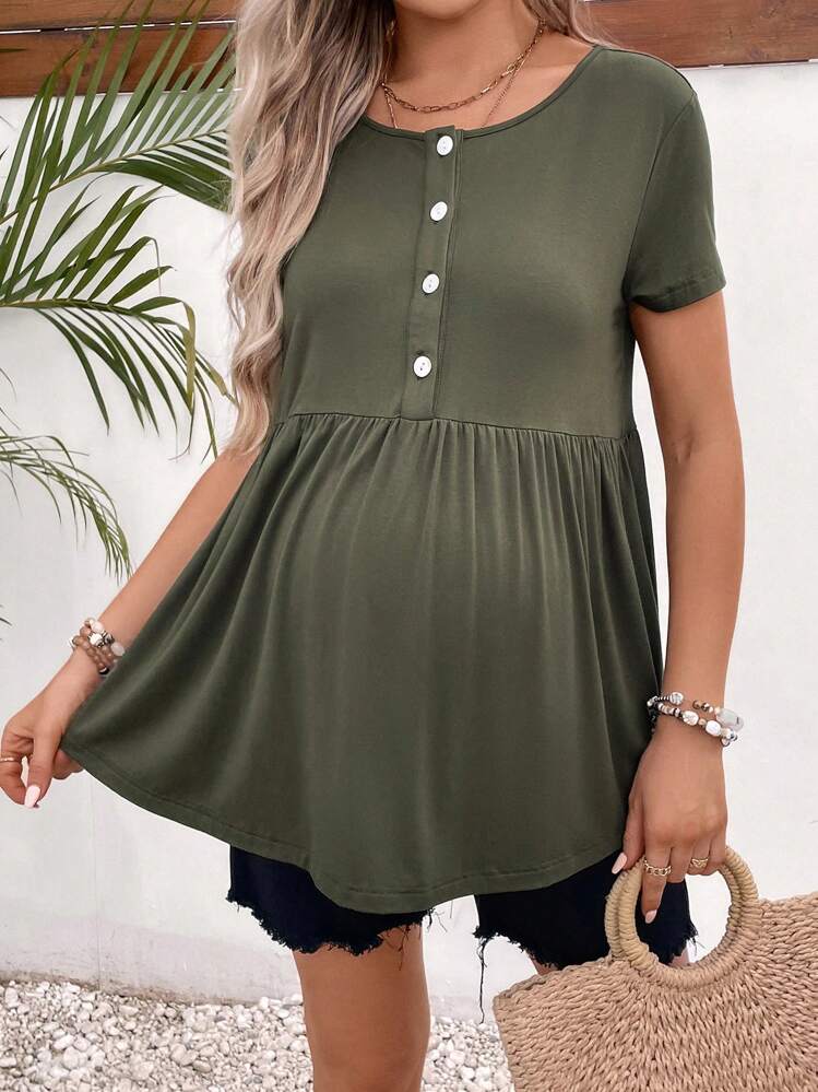 SHEIN Casual Eenkleurig Zwangerschap t-shirts Knoop Geribd - Leger groen - Bekijken 4