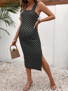 SHEIN Váy Bà bầu Tách cao Chấm bi Giải trí - Đen và trắng - Xem 1