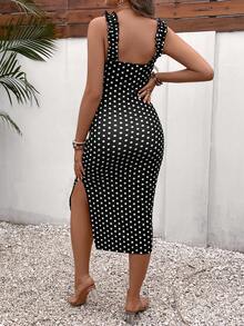 SHEIN Váy Bà bầu Tách cao Chấm bi Giải trí - Đen và trắng - Xem 2