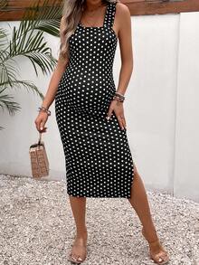 SHEIN Váy Bà bầu Tách cao Chấm bi Giải trí - Đen và trắng - Xem 5