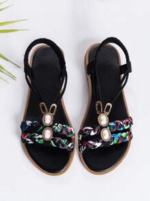 女童透气露趾编织凉鞋，带水钻和随机图案 - 黑色 - 查看 2