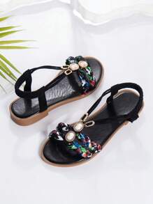 女童透气露趾编织凉鞋，带水钻和随机图案 - 黑色 - 查看 3