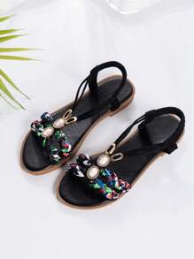 女童透气露趾编织凉鞋，带水钻和随机图案 - 黑色 - 查看 6