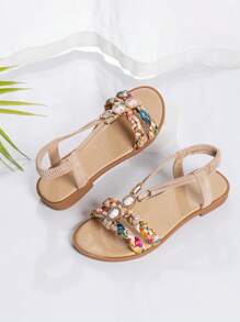 Sandalias de niña transpirables con cristales, patrones de tejido y recortes aleatorios - Beis - Ver 1