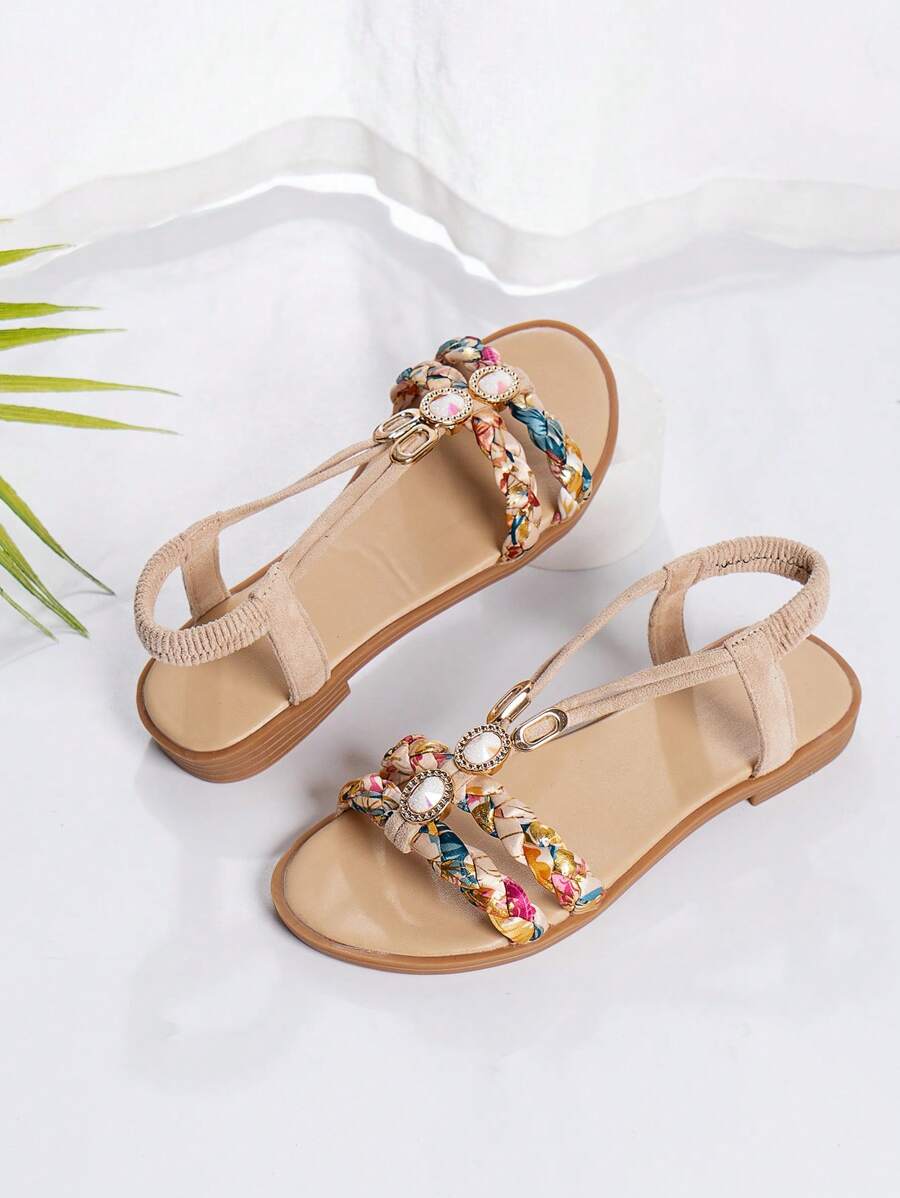 Sandalias de niña transpirables con cristales, patrones de tejido y recortes aleatorios - Beis - Ver 1