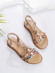 Sandalias de niña transpirables con cristales, patrones de tejido y recortes aleatorios - Beis - Ver 2