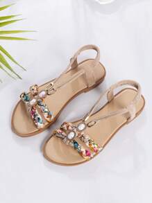 Sandalias de niña transpirables con cristales, patrones de tejido y recortes aleatorios - Beis - Ver 4
