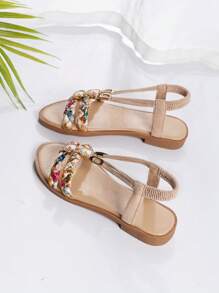 Sandalias de niña transpirables con cristales, patrones de tejido y recortes aleatorios - Beis - Ver 5