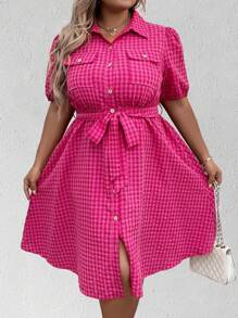 Celure 大碼格紋印花泡泡袖腰帶襯衫連衣裙 - 玫紅色 - 查看 1