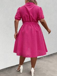Celure 大碼格紋印花泡泡袖腰帶襯衫連衣裙 - 玫紅色 - 查看 2