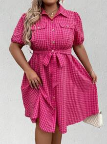 Celure 大碼格紋印花泡泡袖腰帶襯衫連衣裙 - 玫紅色 - 查看 3