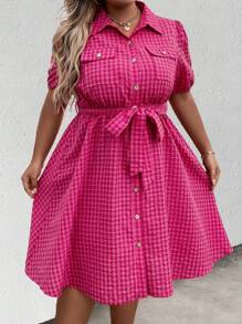 Celure 大碼格紋印花泡泡袖腰帶襯衫連衣裙 - 玫紅色 - 查看 5