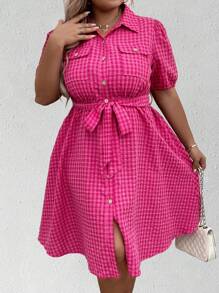 Celure 大碼格紋印花泡泡袖腰帶襯衫連衣裙 - 玫紅色 - 查看 6