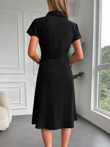 EURMUSE Solid Button Front Shirt Dress Without Belt - Black - View 2