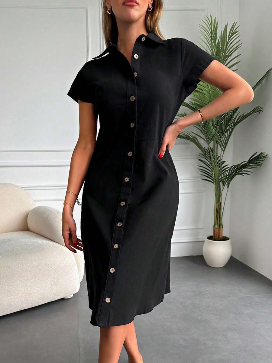 EURMUSE Solid Button Front Shirt Dress Without Belt - Black - View 1