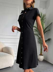 EURMUSE Solid Button Front Shirt Dress Without Belt - Black - View 4