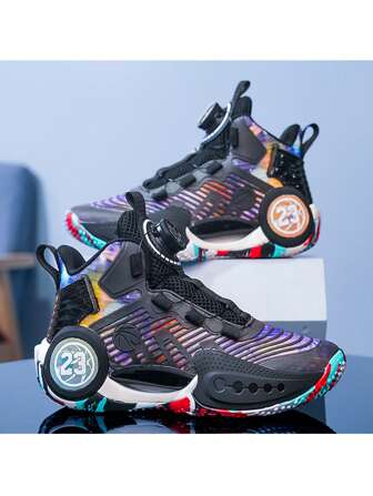 1pair Tenns Drawstring & Swivel Button Design Teen Basketball Shoes For Outdoor