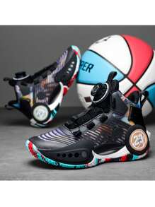 1 par Zapatos baloncesto con cordón & botón giratorio diseño adolescente para exterior - Negro - Ver 2