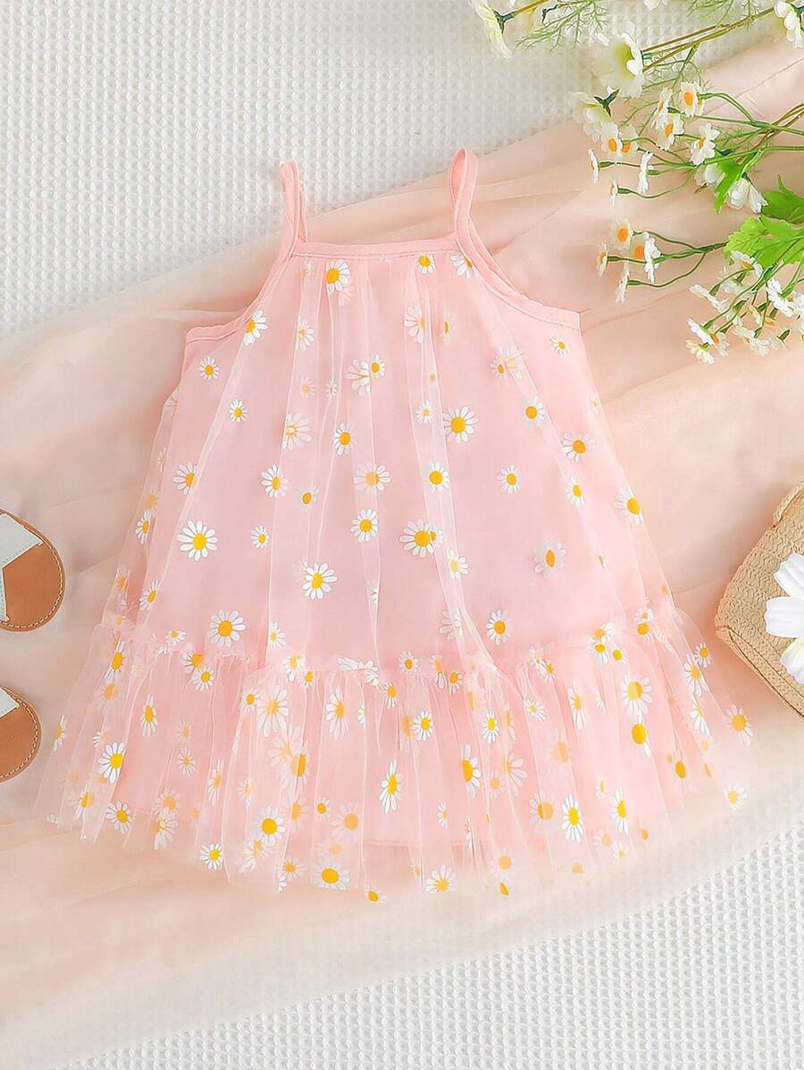 Đứa bé gái In hoa Cúc Lớp phủ lưới Xù Hoa Sen Váy Dây - Màu Hồng baby - Xem 1